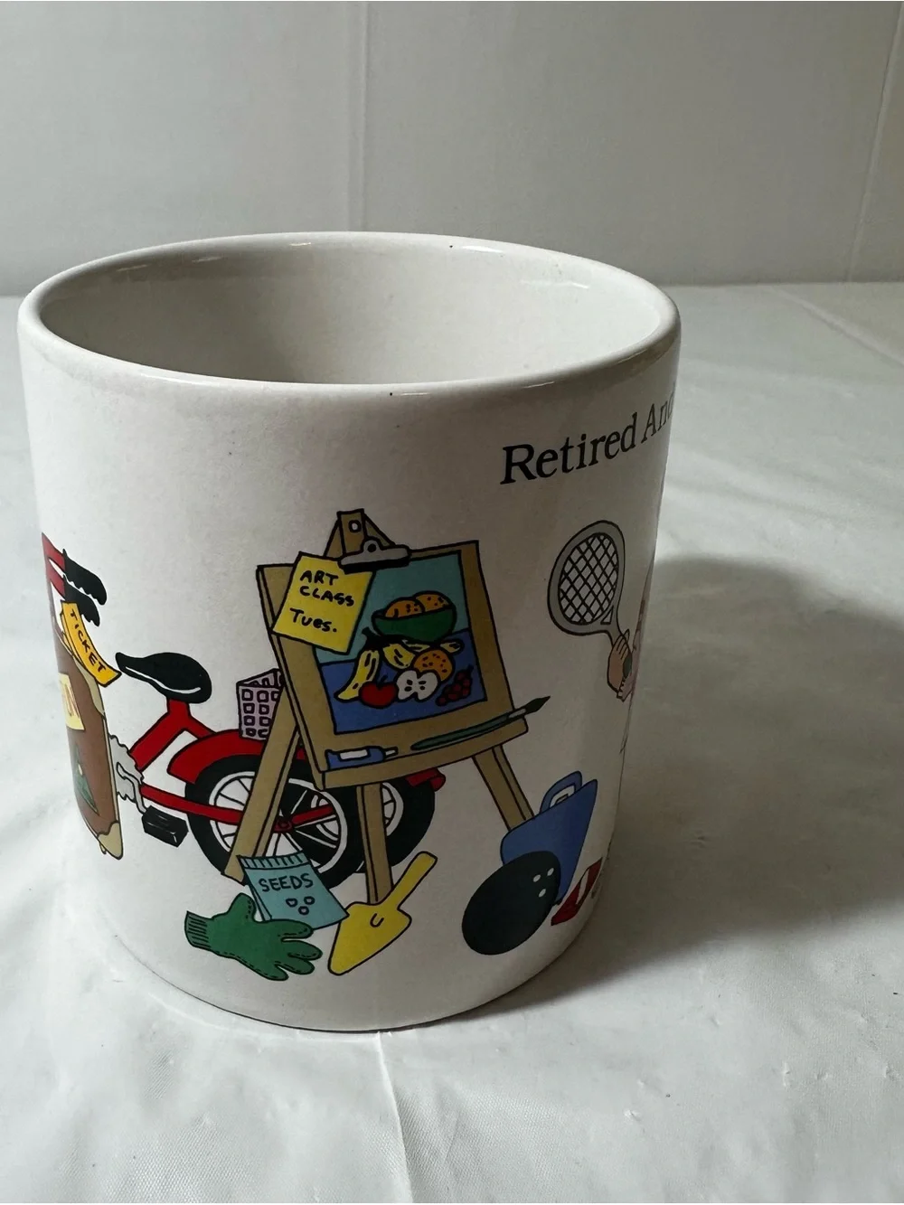 RETIRED AND LOVING IT Russ White Ceramic Mug with Black Logo